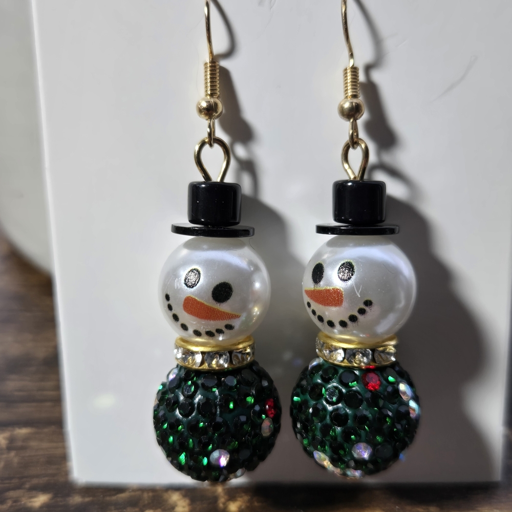 Festive Snowman Earrings with Green and Black Accents